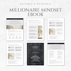May include: A black and white ebook cover with the title "Millionaire Mindset Ebook". The cover features four chapters: "The Network Effect", "The Millionaire Shift", "The Growth Revolution", and "The Growth Revolution: From Fixed Limitations to Unlimited Potential".