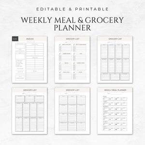 May include: Printable weekly meal and grocery planner with sections for snacks, grocery lists, and a weekly meal planner. The planner includes checkboxes and lines for writing.