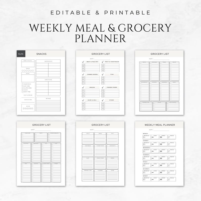 May include: Printable weekly meal and grocery planner with sections for snacks, grocery lists, and a weekly meal planner. The planner includes checkboxes and lines for writing.