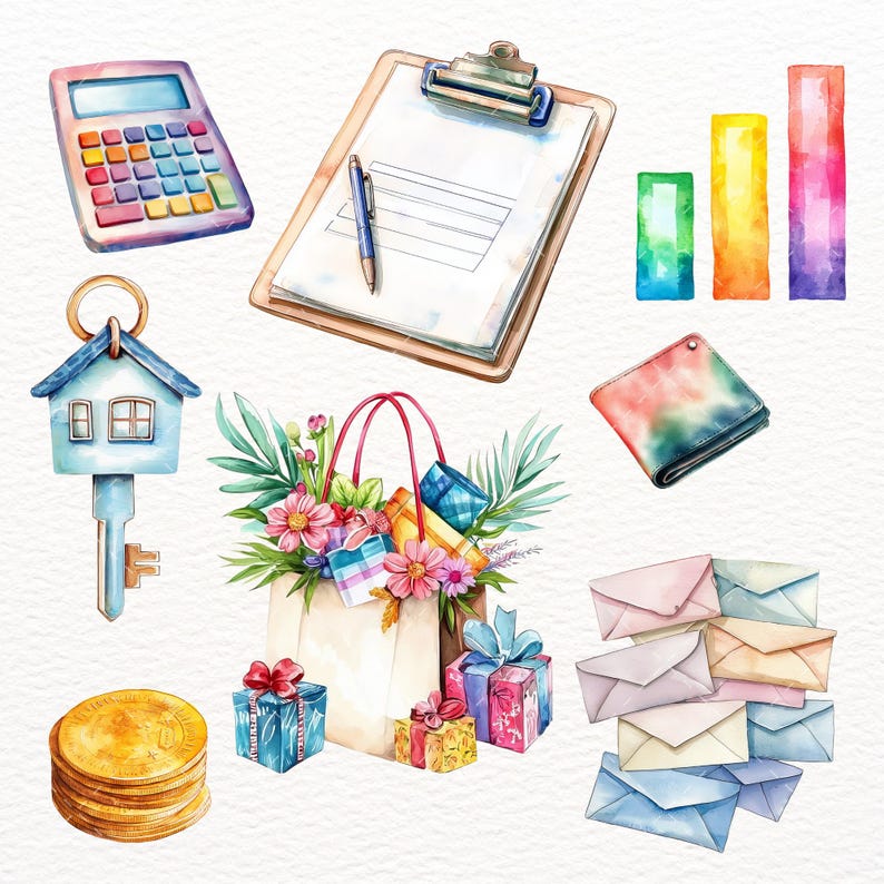 May include: Watercolor illustration of various business and financial elements. Includes a calculator, clipboard with pen, bar graphs, wallet, house key, shopping bag with flowers and gifts, coins, and envelopes. The color palette is soft and pastel.