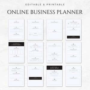 May include: A black and white printable online business planner with sections for engagement and customer experience, marketing strategies, business model and revenue streams, and more.