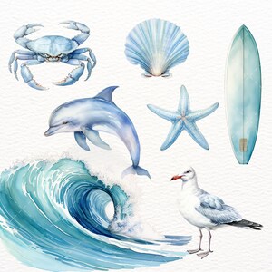 May include: A watercolour illustration of a blue crab, a dolphin jumping out of a blue wave, a seashell, a starfish, a seagull, and a blue surfboard.