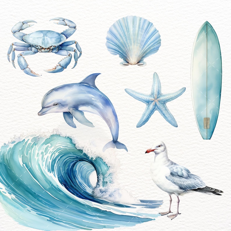 May include: A watercolour illustration of a blue crab, a dolphin jumping out of a blue wave, a seashell, a starfish, a seagull, and a blue surfboard.