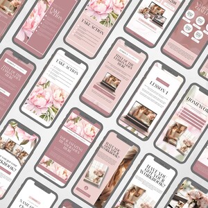 Peut inclure: Une collection de maquettes de t&eacute;l&eacute;phones roses et blanches avec des motifs floraux et du texte qui dit "Take Action", "Lesson 1", "Title of the Lesson Goes Here", "Have You Got Your Workbook?", "Your Amazing Header Goes Here", et "Name of Challenge".