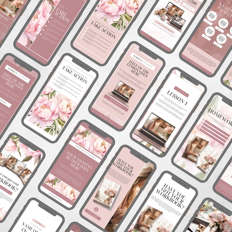 Peut inclure: Une collection de maquettes de t&eacute;l&eacute;phones roses et blanches avec des motifs floraux et du texte qui dit "Take Action", "Lesson 1", "Title of the Lesson Goes Here", "Have You Got Your Workbook?", "Your Amazing Header Goes Here", et "Name of Challenge".