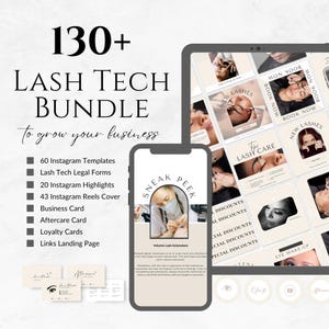 May include: A digital marketing bundle for lash technicians, featuring 130+ templates, forms, and graphics to help grow their business. The bundle includes Instagram templates, legal forms, highlights, reels covers, business cards, aftercare cards, loyalty cards, and a links landing page. The image also shows a sneak peek at a volume lash extension tutorial.