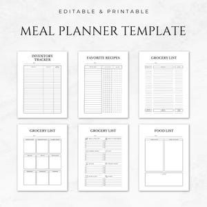 May include: Printable meal planner template with sections for inventory tracker, favorite recipes, grocery list, and food list. The template has a simple black and white design.