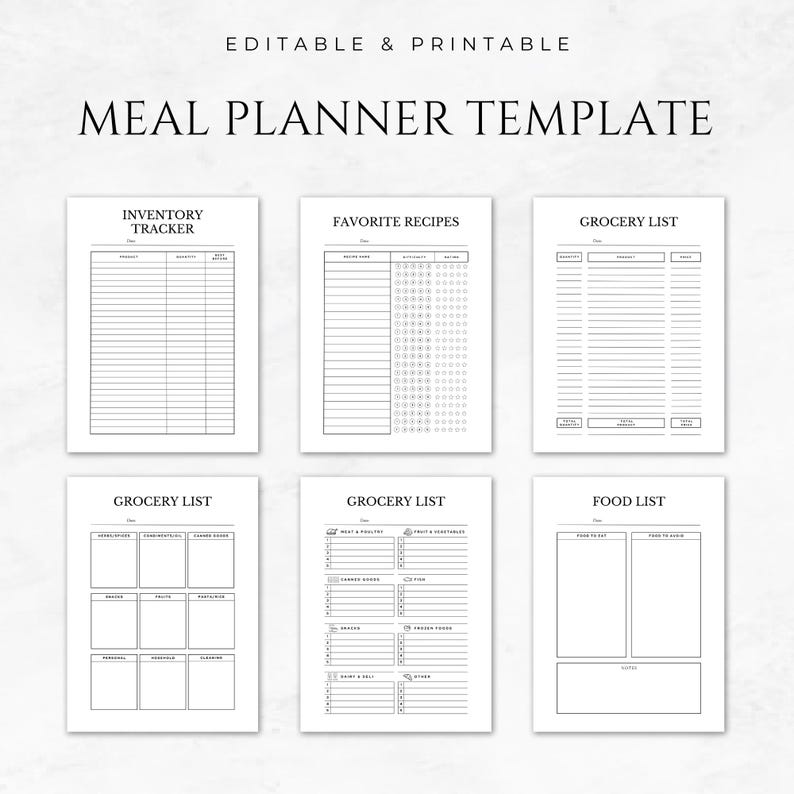 May include: Printable meal planner template with sections for inventory tracker, favorite recipes, grocery list, and food list. The template has a simple black and white design.