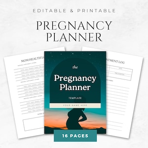 May include: A teal and orange printable pregnancy planner template with the text "The Pregnancy Planner" and "Your Name Here". The planner has 16 pages and includes a mom health log, appointment log, and other sections.