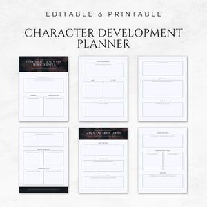 May include: Printable character development planner with sections for personality traits, goals and motivations, and external motivations. The planner has a black and white design with a dark background.