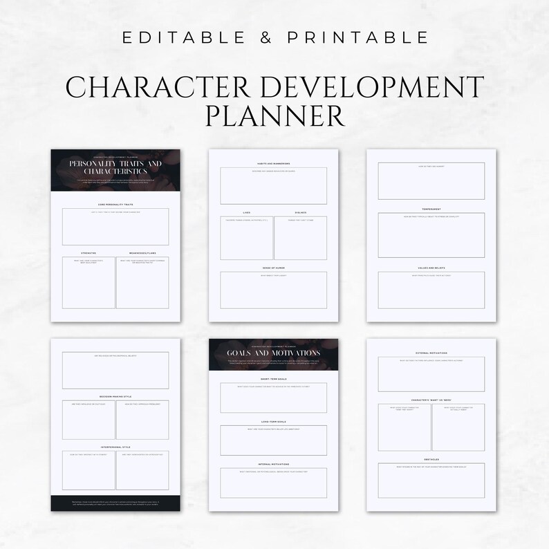 May include: Printable character development planner with sections for personality traits, goals and motivations, and external motivations. The planner has a black and white design with a dark background.