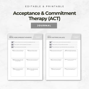 May include: A printable journal for Acceptance & Commitment Therapy (ACT). The cover features the title "Acceptance & Commitment Therapy (ACT)" and the word "JOURNAL". The journal pages are white with black text and include sections for weekly prompts.