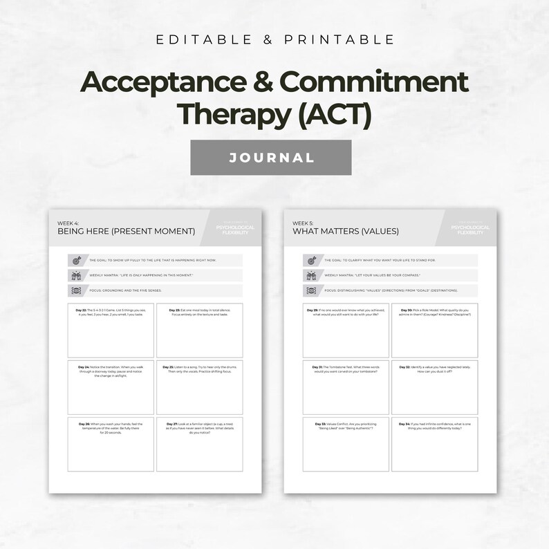 May include: A printable journal for Acceptance & Commitment Therapy (ACT). The cover features the title "Acceptance & Commitment Therapy (ACT)" and the word "JOURNAL". The journal pages are white with black text and include sections for weekly prompts.
