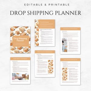 May include: A printable drop shipping planner with a watercolor pattern of brown cardboard boxes. The planner includes sections on what is drop shipping, benefits and challenges of drop shipping, setting up a drop shipping business, supplier selection and management, product selection and management, and market research and online selling.