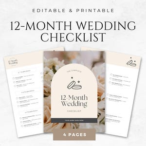 May include: A printable 12-month wedding checklist with a floral background. The checklist is divided into four pages and includes tasks to complete for each month leading up to the wedding. The checklist is titled "The Complete 12-Month Wedding Checklist".