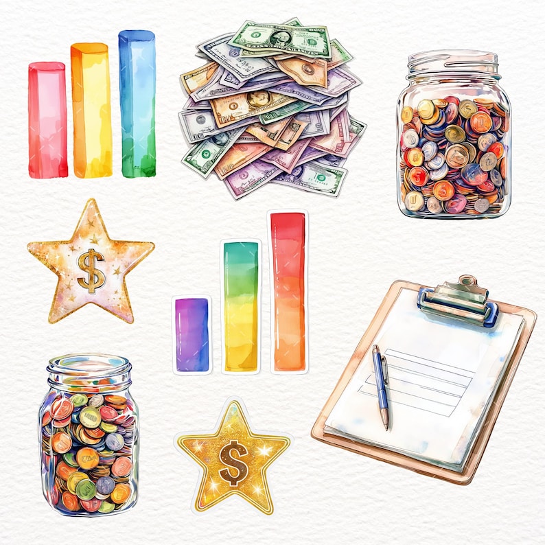 May include: Watercolor illustration featuring financial elements. Includes stacks of cash, jars filled with coins, star-shaped icons with dollar signs, colorful bar graphs, and a clipboard with a pen. The image has a financial or business theme.