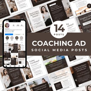 May include: A collage of 14 social media posts for a coaching business. The posts feature a variety of topics, including motivation, goal setting, and overcoming challenges. The posts are designed to be visually appealing and engaging, with a brown and white color scheme.