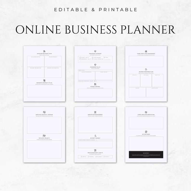 May include: A printable online business planner with sections for a security plan, insurance schedule, third-party risk management, employee identity training, retention management, and confidential information destruction.