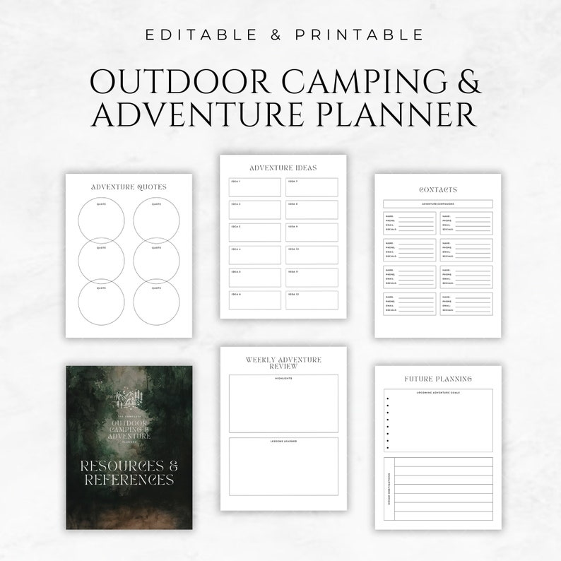 May include: Printable planner for outdoor camping and adventure planning. The planner includes sections for adventure quotes, ideas, contacts, weekly adventure review, future planning, and resources and references. The planner has a dark green background with a vintage aesthetic.