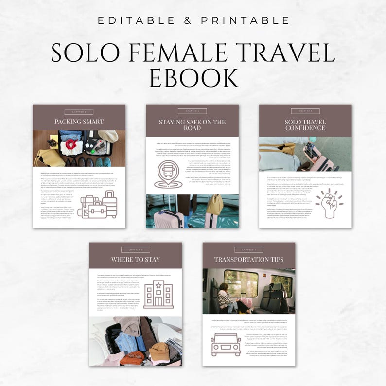 May include: An ebook cover with the title "SOLO FEMALE TRAVEL EBOOK" and the words "EDITABLE & PRINTABLE" at the top. The cover features five sections: Packing Smart, Staying Safe on the Road, Solo Travel Confidence, Where to Stay, and Transportation Tips.