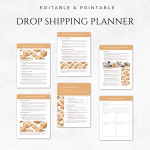 May include: A printable drop shipping planner with sections for marketing, customer acquisition, financial management, scaling your business, daily routines, and troubleshooting. The planner features a repeating pattern of brown boxes with a watercolor effect.