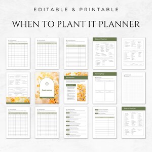 May include: Printable planner with a watercolor illustration of autumn leaves. The planner is titled "When to Plant It Planner" and includes pages for planning, tracking, and a plant list.