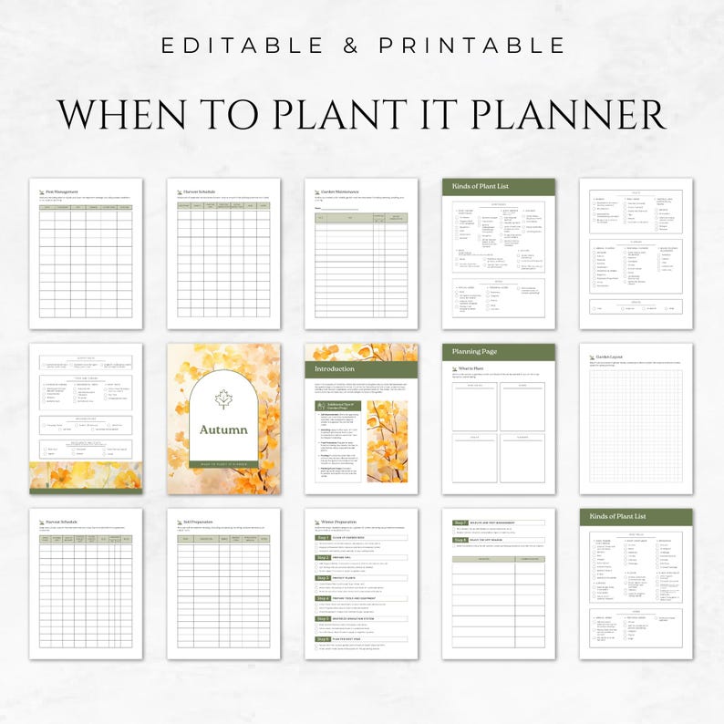 May include: Printable planner with a watercolor illustration of autumn leaves. The planner is titled "When to Plant It Planner" and includes pages for planning, tracking, and a plant list.