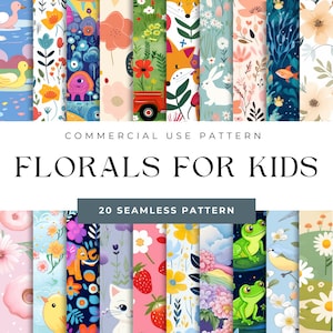 Könnte beinhalten: Ein Set mit 20 farbenfrohen, nahtlosen Mustern mit floralen Designs, Tieren und anderen skurrilen Elementen. Die Muster sind perfekt für Kinderkleidung, Stoffe, Tapeten und andere kreative Projekte. "COMMERCIAL USE PATTERN FLORALS FOR KIDS 20 SEAMLESS PATTERN" steht in weißer Schrift auf grauem Hintergrund.