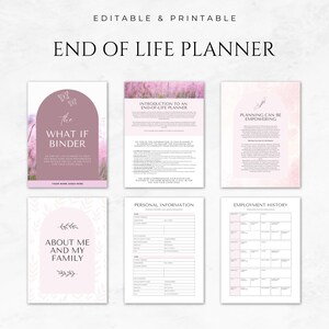 以下が含まれることがあります： 6ページの印刷可能な終末期プランナー。ページには、「The What If Binder」、「Introduction to an End-of-Life Planner」、「Planning Can Be Empowering」、「About Me and My Family」、「Personal Information」、および「Employment History」が含まれています。