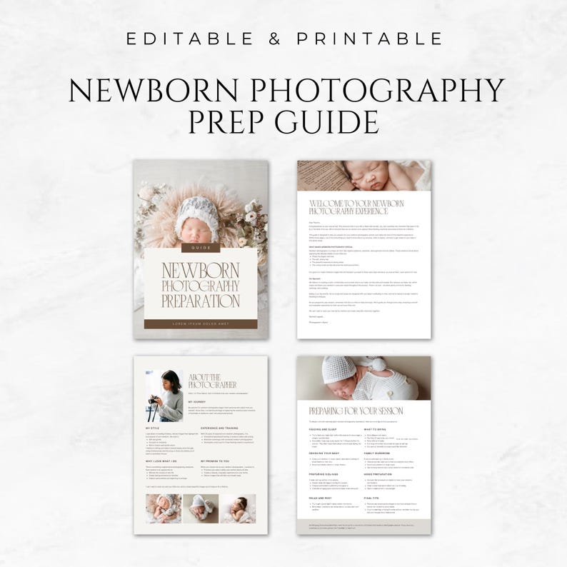 May include: A printable guide for newborn photography preparation. The guide includes information about the photographer, preparing for the session, and welcoming the newborn to the photography experience.