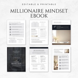 May include: A black and white ebook cover with the title "MILLIONAIRE MINDSET EBOOK" and the text "THE VALUE REVOLUTION FROM TRANSACTION TO TRANSFORMATION" in a white box. The cover features a photo of a table with a vase of white flowers.