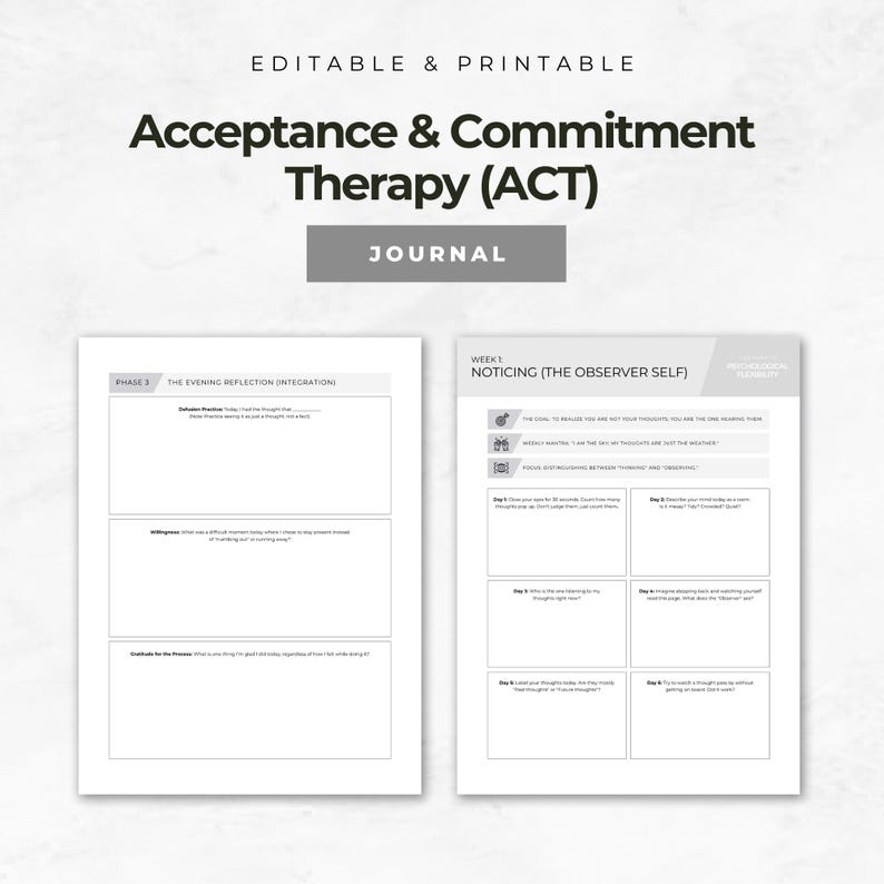 May include: A printable journal with the title "Acceptance & Commitment Therapy (ACT)". The journal pages are white with black text, featuring prompts for reflection and self-assessment. The cover reads "EDITABLE & PRINTABLE" and "JOURNAL".