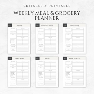 May include: Printable weekly meal and grocery planner with sections for breakfast, lunch, dinner, and snacks. Each section includes space for meal names, ingredients, directions, and notes.