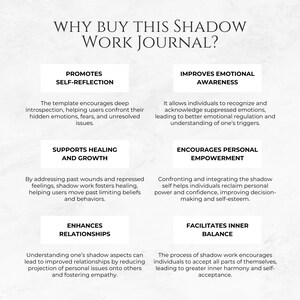 Pode incluir: Um fundo branco com texto preto descrevendo os benef&iacute;cios de usar um di&aacute;rio de trabalho de sombra. O texto inclui frases como "Promove a autorreflex&atilde;o", "Melhora a consci&ecirc;ncia emocional", "Apoia a cura e o crescimento", "Incentiva o empoderamento pessoal", "Melhora os relacionamentos" e "Facilita o equil&iacute;brio interno".