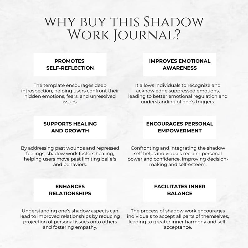 Pode incluir: Um fundo branco com texto preto descrevendo os benef&iacute;cios de usar um di&aacute;rio de trabalho de sombra. O texto inclui frases como "Promove a autorreflex&atilde;o", "Melhora a consci&ecirc;ncia emocional", "Apoia a cura e o crescimento", "Incentiva o empoderamento pessoal", "Melhora os relacionamentos" e "Facilita o equil&iacute;brio interno".