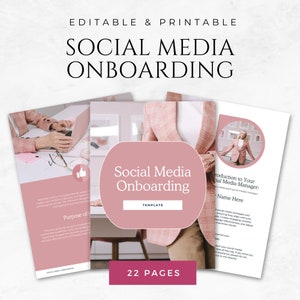 Op de afbeelding: Een roze en witte social media onboarding-sjabloon met 22 pagina's. De sjabloon bevat een welkomstbericht, een sectie over het doel van onboarding en een introductie van de social media manager.