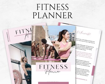 May include: A pink and white printable fitness planner with the text "FITNESS PLANNER" in a large, bold font. The planner has 23 pages and features images of people exercising.