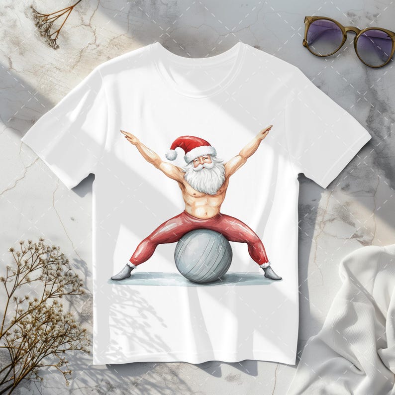 Stretch Santa Fit Santa Claus Clipart Muscular Santa on Yoga Ball Fitness Santa ...
