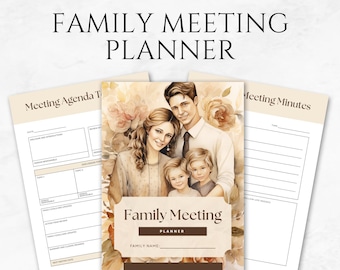 May include: A printable family meeting planner with a watercolor illustration of a family. The planner includes a meeting agenda template, meeting minutes template, and space to write the family name. The text "Family Meeting Planner" and "10 Pages" are also included.