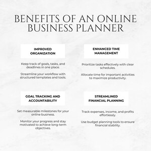 May include: A graphic with a white background and black text outlining the benefits of using an online business planner. The benefits are organized into four categories: Improved Organization, Enhanced Time Management, Goal Tracking and Accountability, and Streamlined Financial Planning.