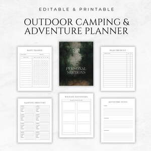 May include: Printable planner with a dark green and black forest background. The planner includes sections for habit tracking, gear checklists, campsite directory, wildlife encounters, and adventure notes.