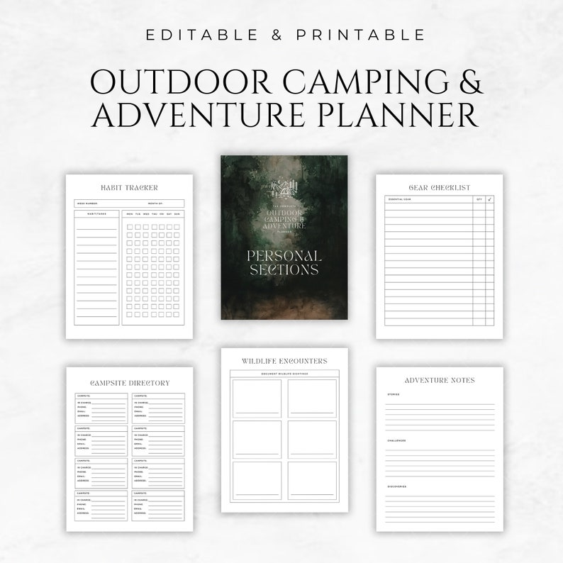 May include: Printable planner with a dark green and black forest background. The planner includes sections for habit tracking, gear checklists, campsite directory, wildlife encounters, and adventure notes.