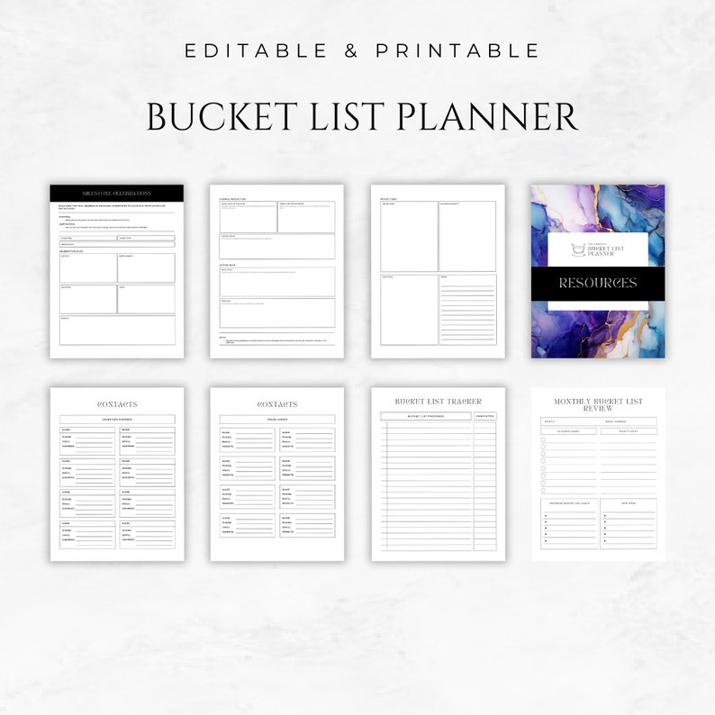 Pu&ograve; includere: Pianificatore di lista dei desideri stampabile con pagine per risorse, contatti, tracciamento della lista dei desideri e revisione mensile della lista dei desideri. La copertina presenta un design ad acquerello in tonalit&agrave; di viola e blu.