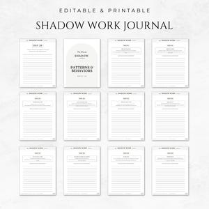 Pode incluir: Um di&aacute;rio de trabalho de sombra imprim&iacute;vel com um design preto e branco. O di&aacute;rio tem uma p&aacute;gina de t&iacute;tulo que diz "The Dream Shadow Journal" e "Patterns & Behaviors". O di&aacute;rio tem 10 p&aacute;ginas para di&aacute;rio, cada uma com um cabe&ccedil;alho que diz "Shadow Work" e um n&uacute;mero de dia.