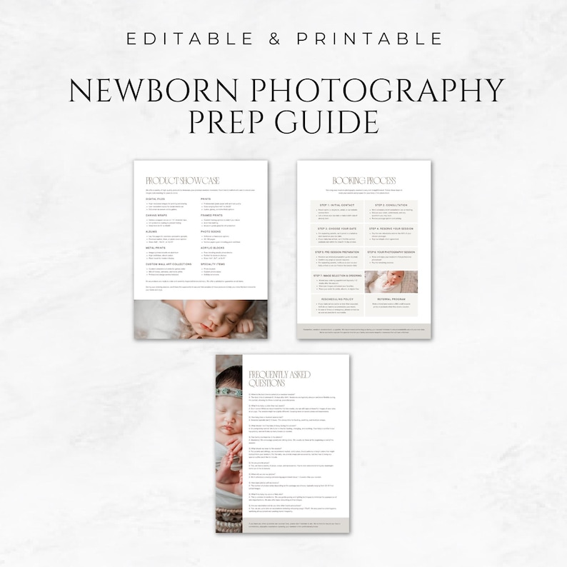 May include: A printable guide for newborn photography, with sections for product showcase, booking process, and frequently asked questions. The guide includes images of a sleeping baby.