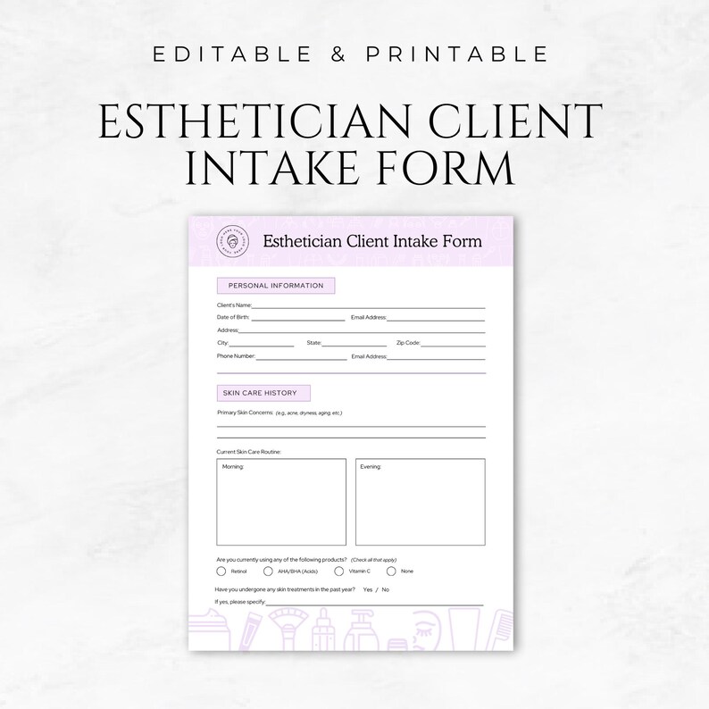 Skin Script Intake Form Esthetician Forms Estheticians Client Intake Form Esthetician Forms ...