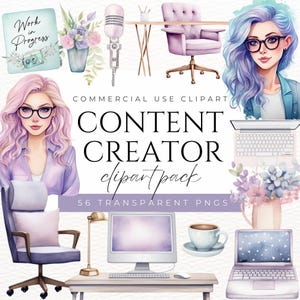 May include: A digital illustration clipart pack for content creators. The pack includes 56 transparent PNGs of various items, including a laptop, a microphone, a chair, a desk, a coffee cup, a plant, and two women with pink and blue hair. The text "Work in Progress" is on a blue notebook.