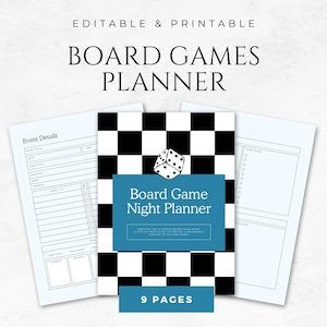 Op de afbeelding: Een printbare planner voor het organiseren van bordspelavonden. De omslag heeft een zwart-wit geruit patroon met een dobbelsteenillustratie en de tekst "Board Game Night Planner". De tekst "Crafting the ultimate board game night, a step-by-step guide to planning a memorable evening of fun for you and your game"