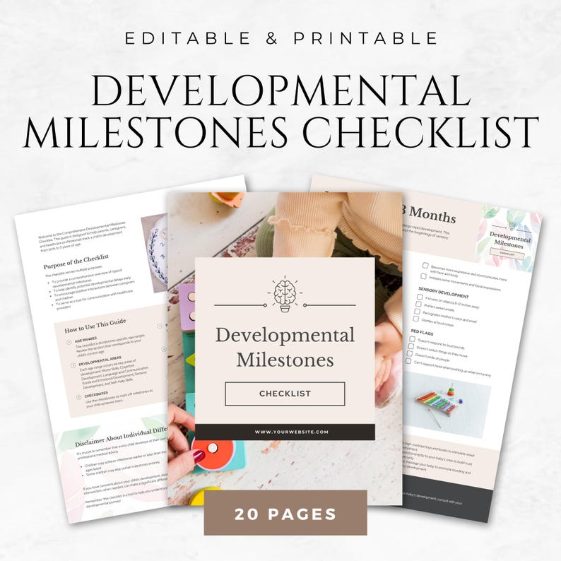 May include: A printable checklist for tracking developmental milestones in babies and toddlers. The checklist includes sections for different age groups, from 3 months to 24 months. The checklist is designed to be used by parents and caregivers to track their child's progress and identify any potential developmental delays.