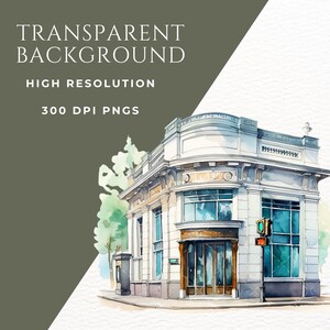May include: Watercolor illustration of a building with large windows and a detailed facade. The image includes text that reads "TRANSPARENT BACKGROUND", "HIGH RESOLUTION", and "300 DPI PNGS". The building has a classic architectural style.